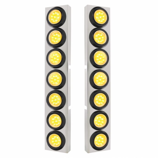 SS Front Air Cleaner Bracket With 14X 9 LED 2" Lights Bezel For KW Trucks -Amber LED/Clear Lens