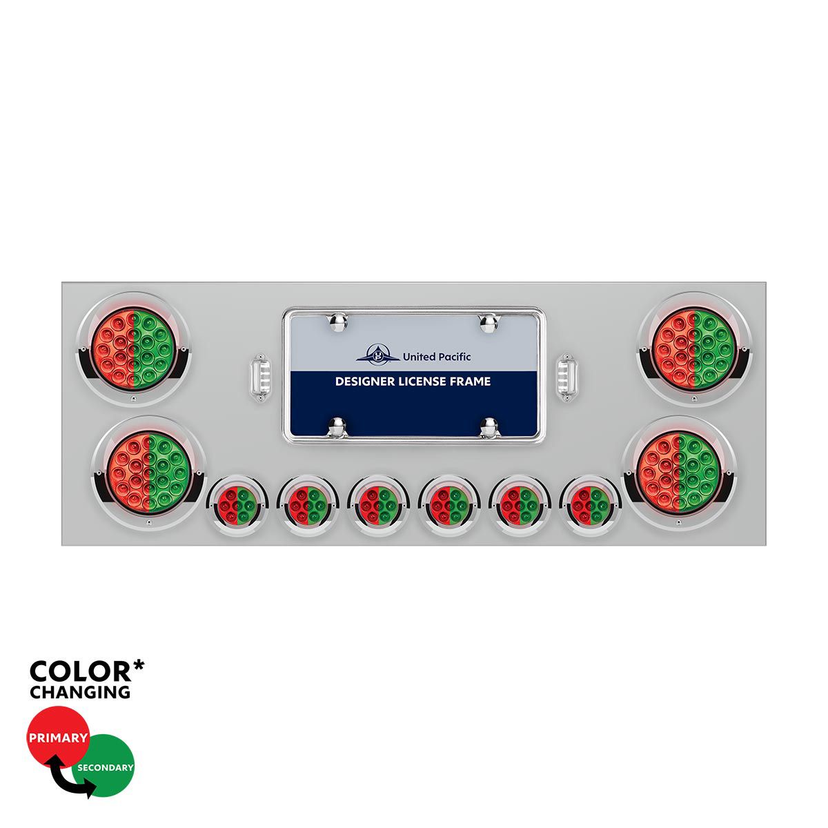 SS Rear Center Panel With 4X 19 LED 4" & 6X 7 LED 2" Double Fury Lights & Visors-Red & Green LED