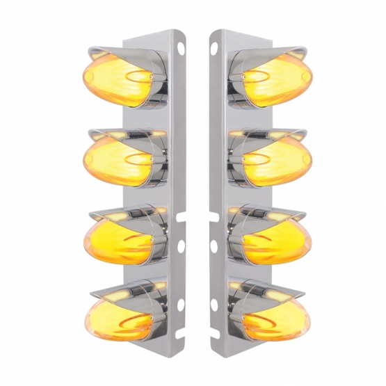 SS Front Air Cleaner Brkt With 8X 9 Amber Hi/Lo LED Watermelon GloLight & Visors For Peterbilt-Clear Lens