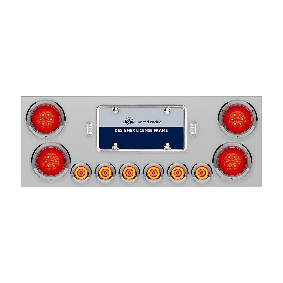 SS Rear Center Panel With Four 16 LED 4" Turbine Light & Six 7 LED 2" Lights & Bezels-Red LED/Red Lens