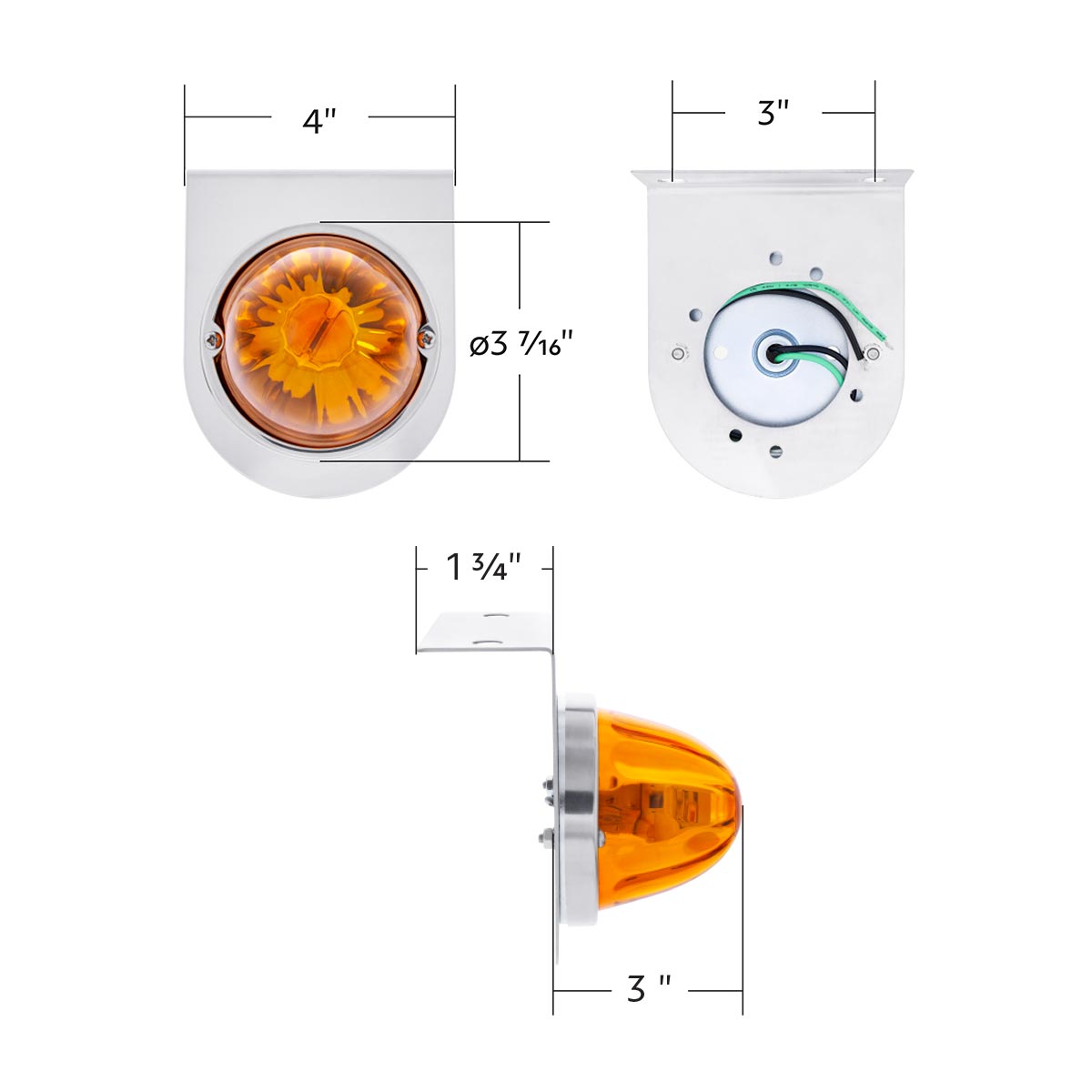 UltraBurst Glass Watermelon Light With Stainless Steel Light Bracket Kit-Amber LED/Amber Lens - Thumbnail 8