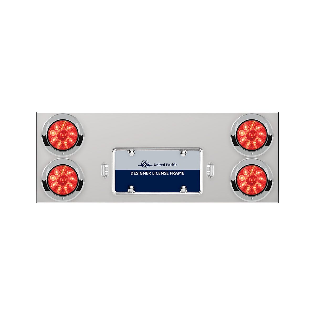 33-3/4" Stainless Rear Center Panel With Four 10 LED 4" Lights & Visors - Red LED/Red Lens