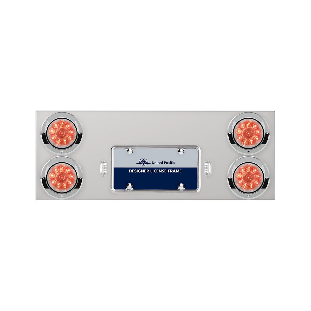 33-3/4" Stainless Rear Center Panel With Four 10 LED 4" Lights & Visors - Red LED/Clear Lens