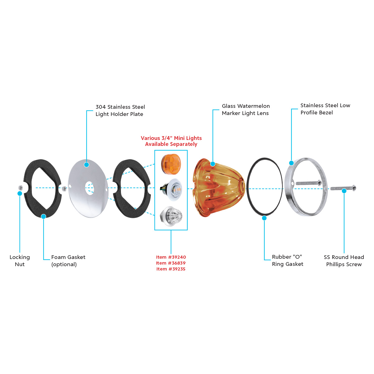 Glass Watermelon Light Kit For 3/4" Mini Light-Amber Lens - Thumbnail 2