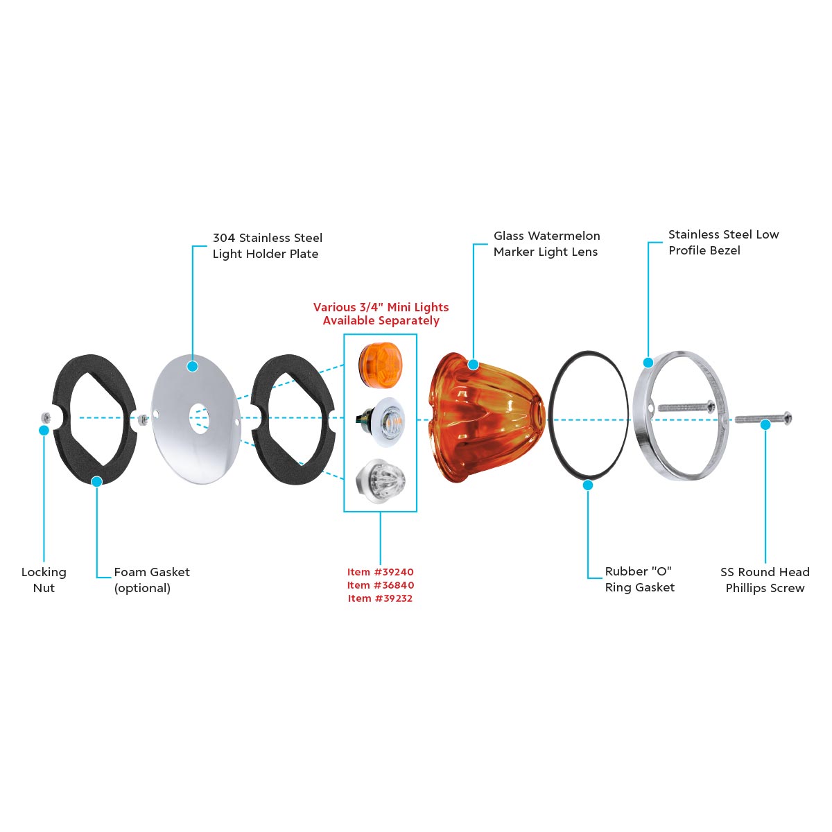 Glass Watermelon Light Kit For 3/4" Mini Light-Dark Amber Lens - Thumbnail 2