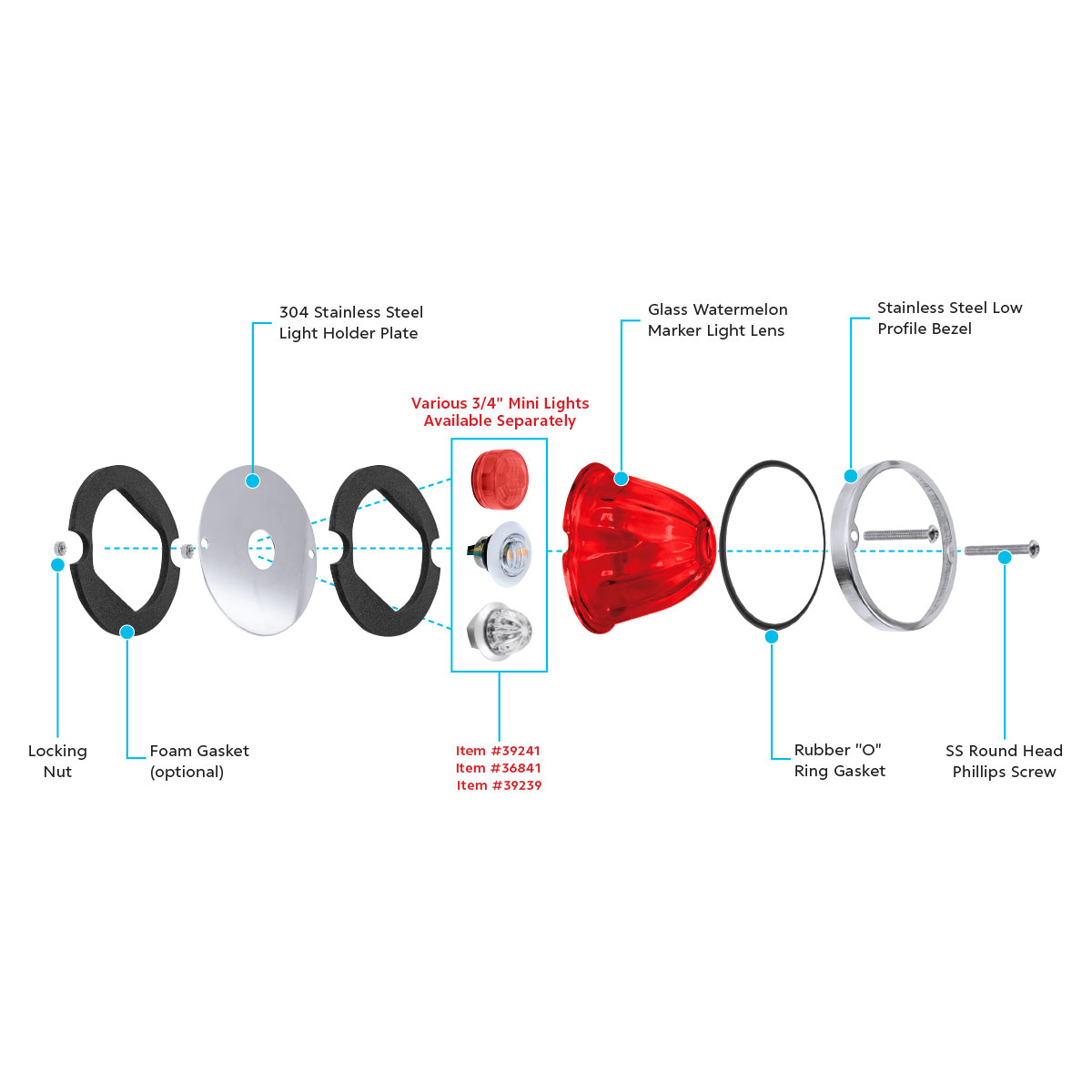 Glass Watermelon Light Kit For 3/4" Mini Light-Red Lens - Thumbnail 2