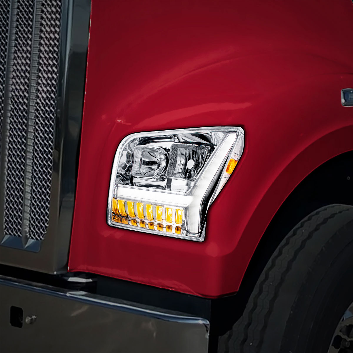 Chrome Headlight With LED DRL Light Bar & Turn Signal For 2018-2024 Kenworth W990-Driver - Thumbnail 6