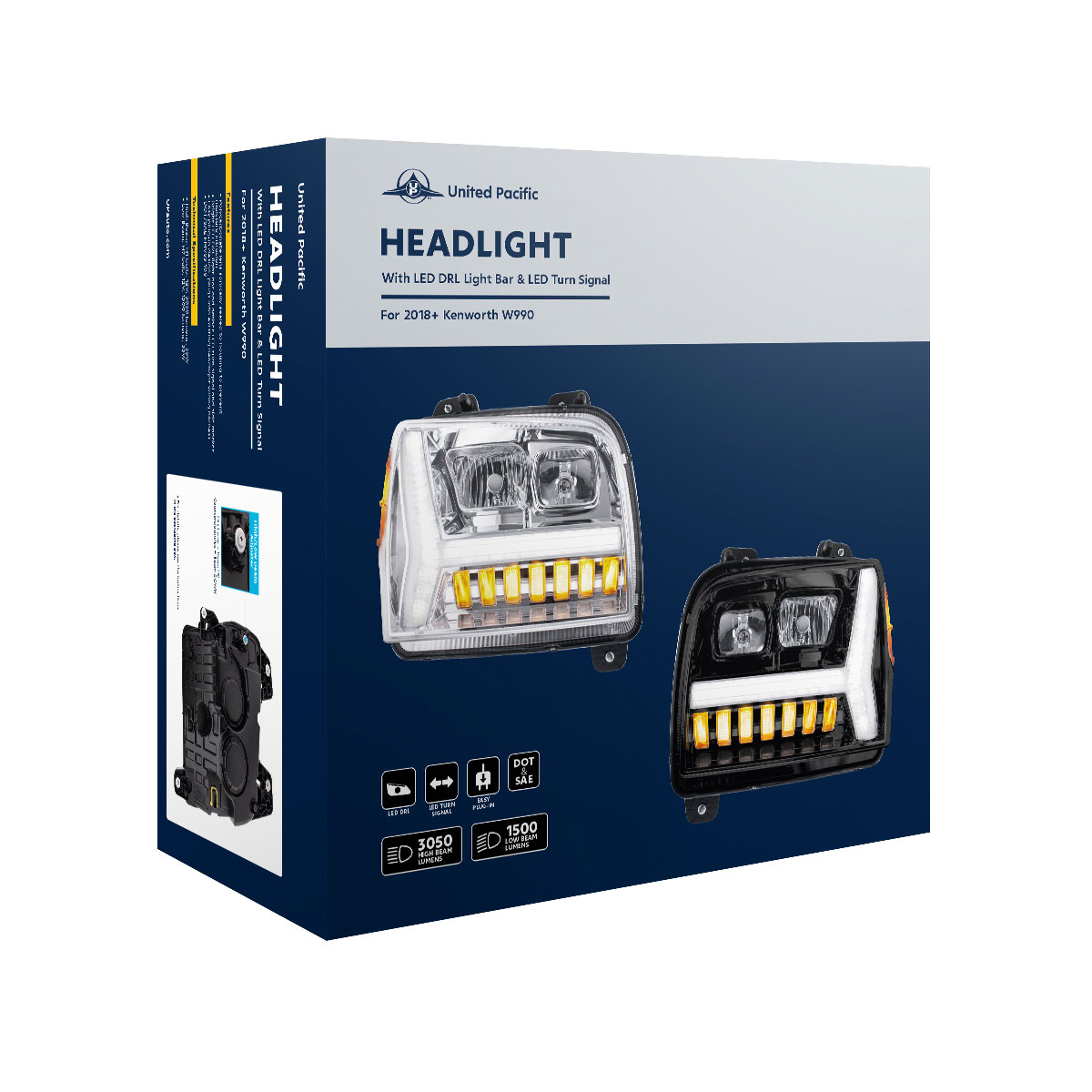 Chrome Headlight With LED DRL Light Bar & Turn Signal For 2018-2024 Kenworth W990-Passenger - Thumbnail 7