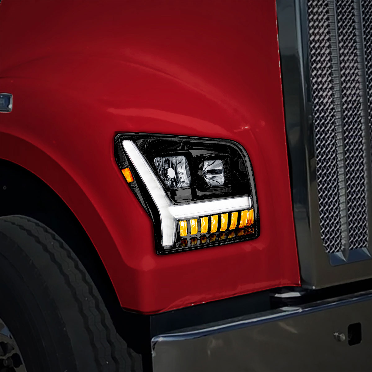 Blackout Headlight With LED DRL Light Bar & Turn Signal For 2018-2024 Kenworth W990-Passenger - Thumbnail 6