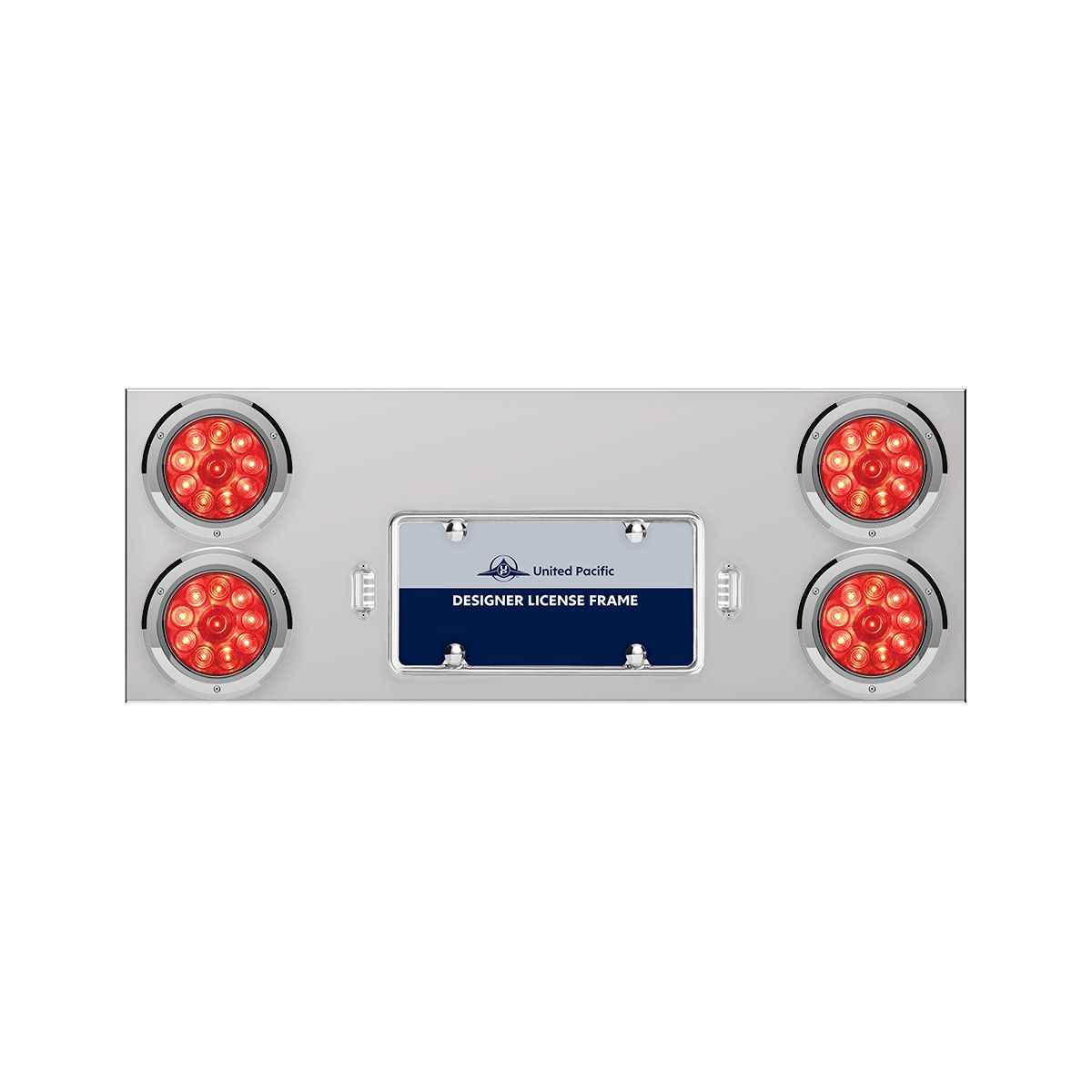 33-3/4" Stainless Rear Center Panel With Four 10 LED 4" Lights & Bezels - Red LED/Red Lens