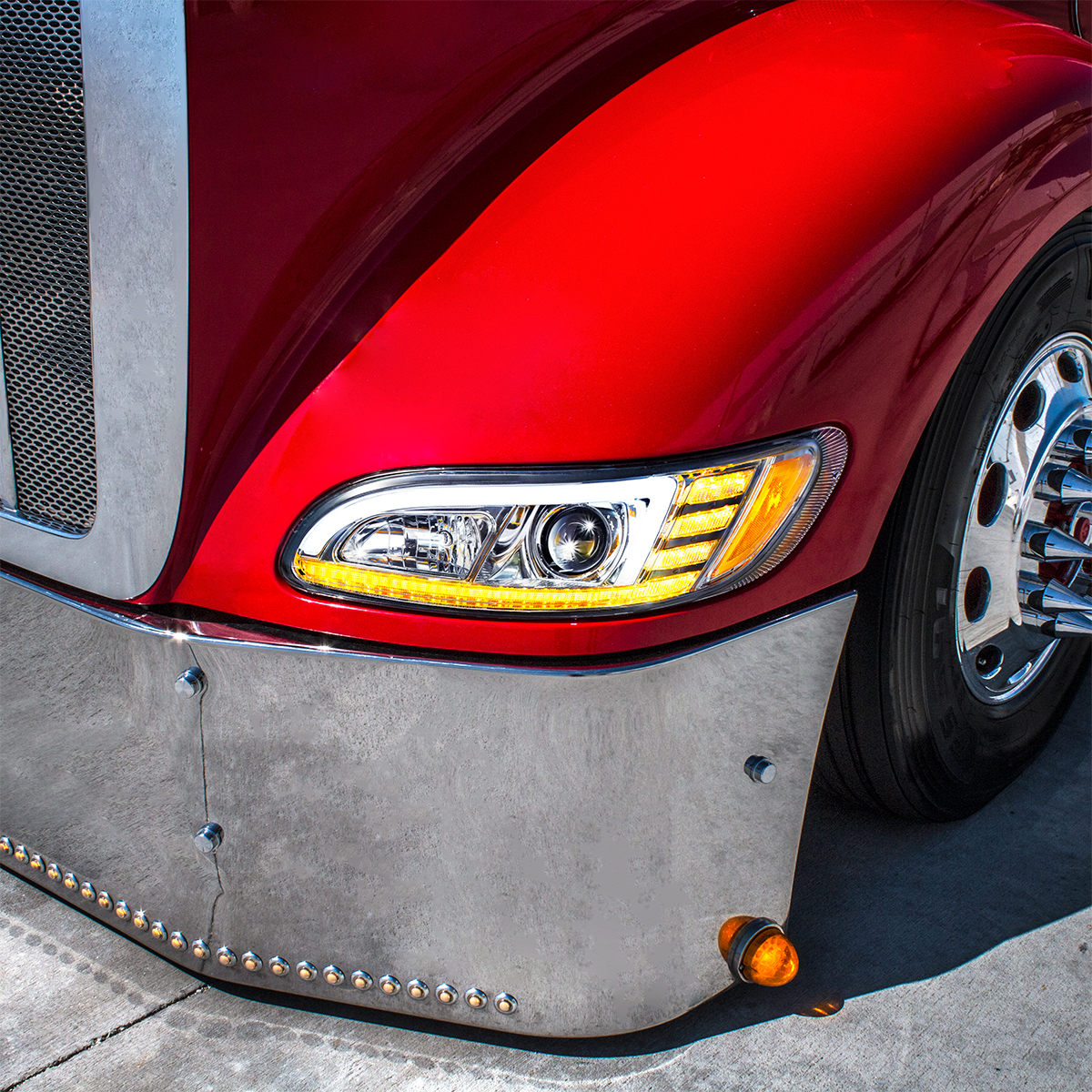Chrome Projection Headlight With LED Sequential Turn & DRL For 2005-2015 Peterbilt 386- Driver - Thumbnail 9