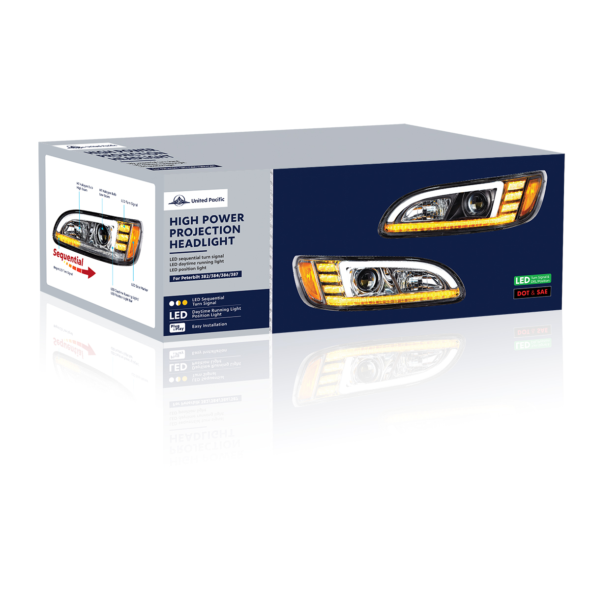 Chrome Projection Headlight With LED Sequential Turn & DRL For 2005-2015 Peterbilt 386- Passenger - Thumbnail 11