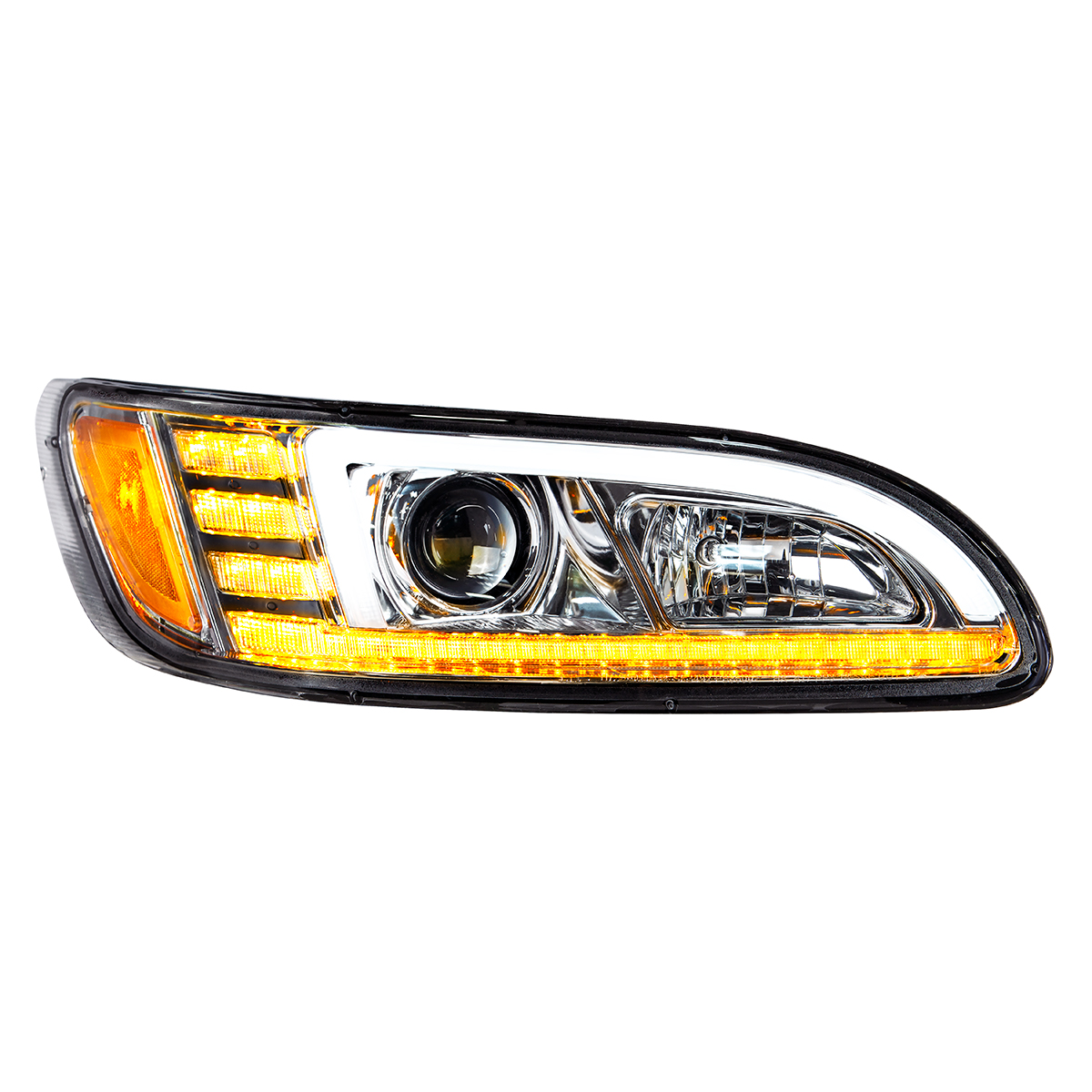Chrome Projection Headlight With LED Sequential Turn & DRL For 2005-2015 Peterbilt 386- Passenger - Thumbnail 3