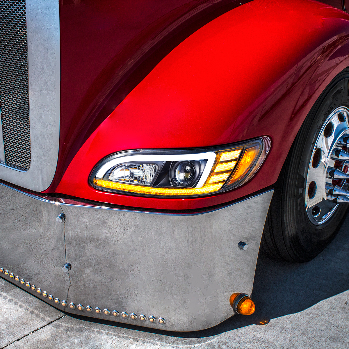 Black Projection Headlight With LED Sequential Turn & DRL For 2005-2015 Peterbilt 386- Passenger - Thumbnail 9