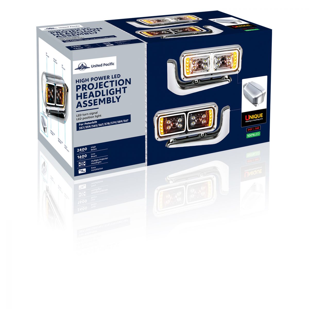 10 High Power LED "Chrome" Projection Headlight Assembly With Mounting Arm - Driver Side - Thumbnail 7