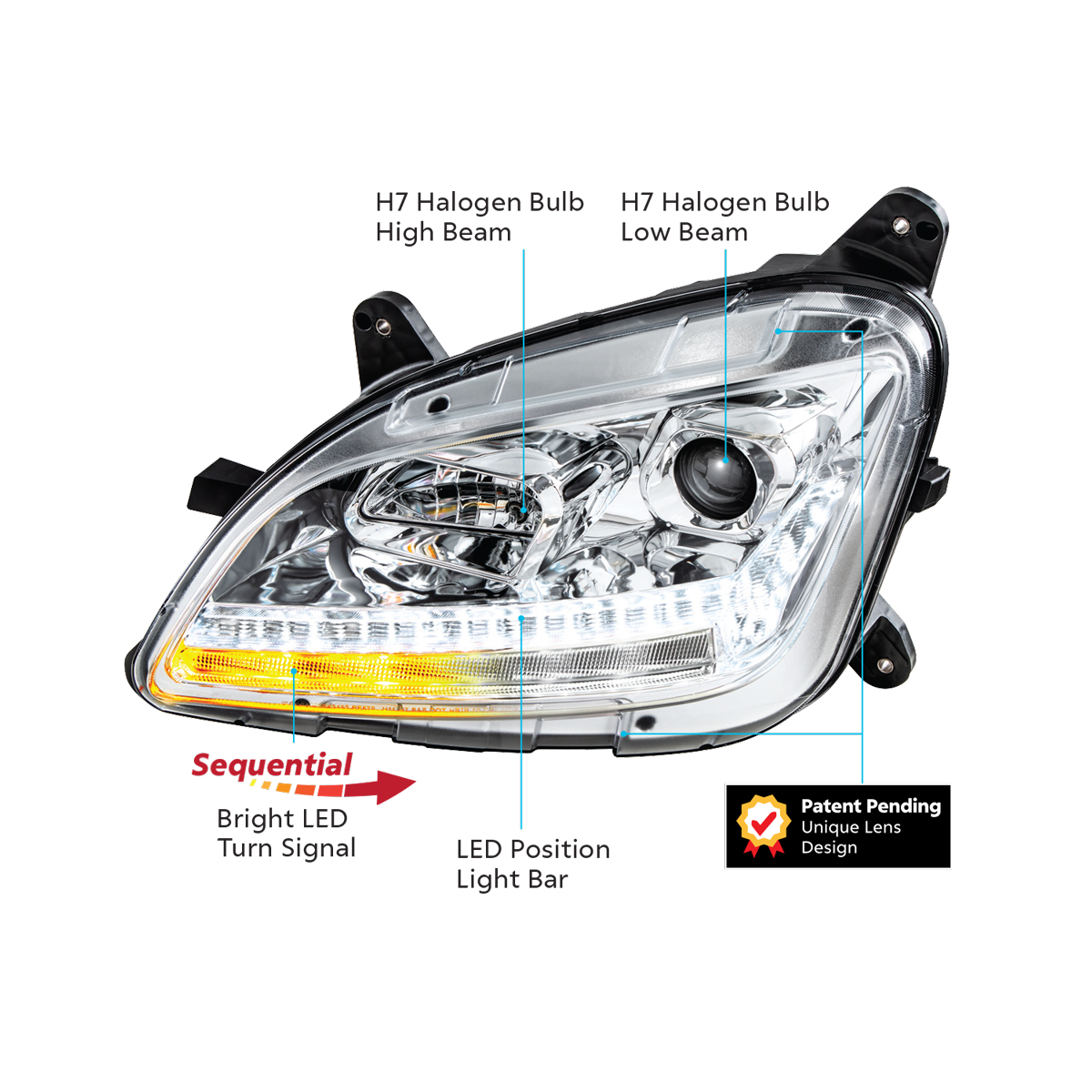 Chrome Projection Headlight With LED Sequential Turn and DRL For 2012-2021 Peterbilt 579- Driver - Thumbnail 13