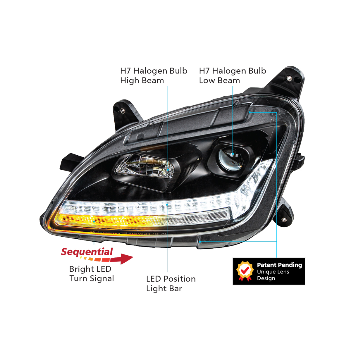 "Blackout" Projection Headlight With LED Sequential Turn & DRL For 2012-2021 Peterbilt 579- Passenger - Thumbnail 13