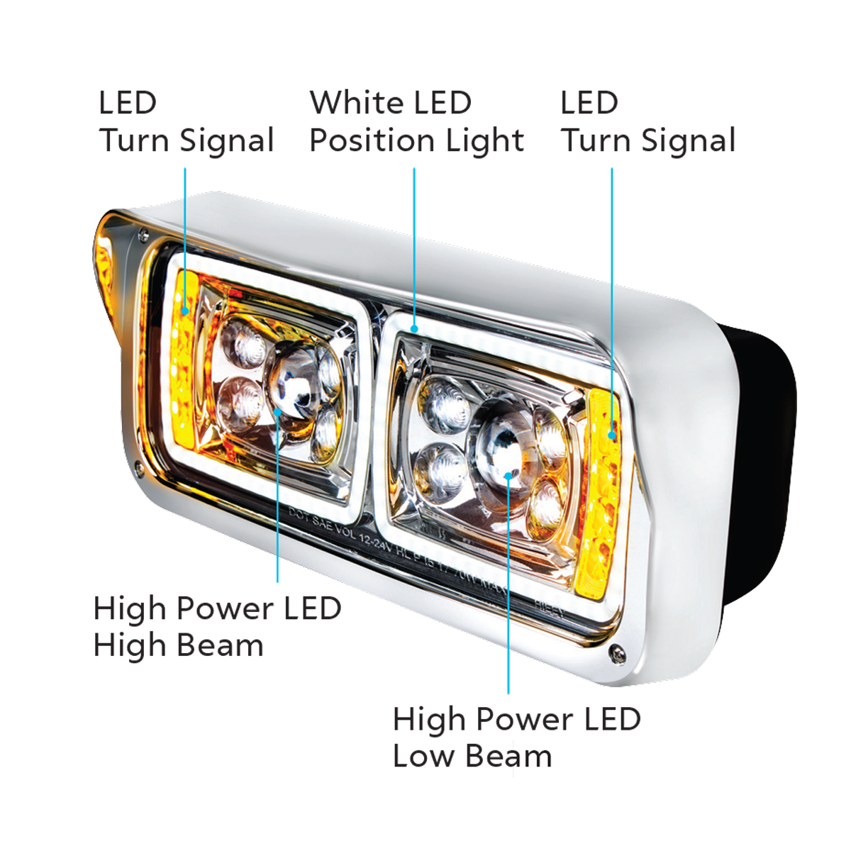 10 High Power LED "Chrome" Projection Headlight With LED Turn Signal & Position Light Bar - Driver - Thumbnail 7