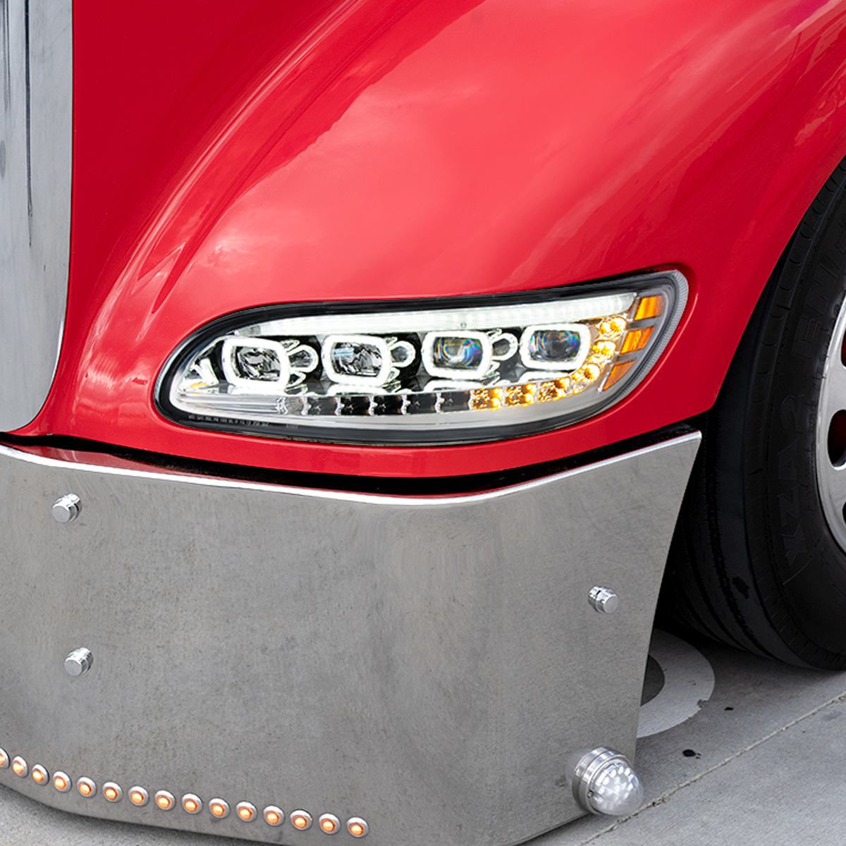 Chrome Quad-LED Headlight With LED DRL & Seq. Signal For 2005-2015 Peterbilt 386- Passenger - Thumbnail 6