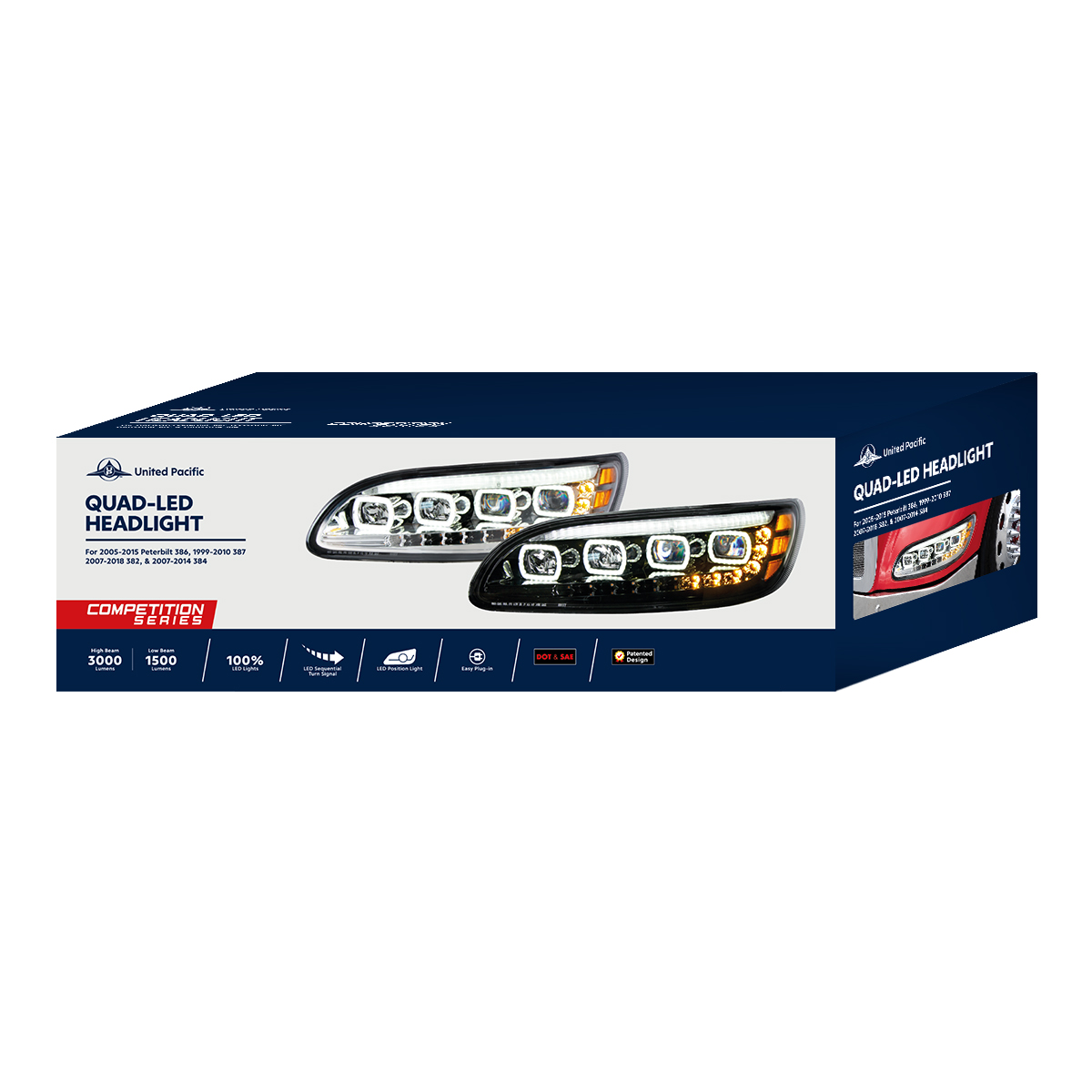 Chrome Quad-LED Headlight With LED DRL & Seq. Signal For 2005-2015 Peterbilt 386- Passenger - Thumbnail 7