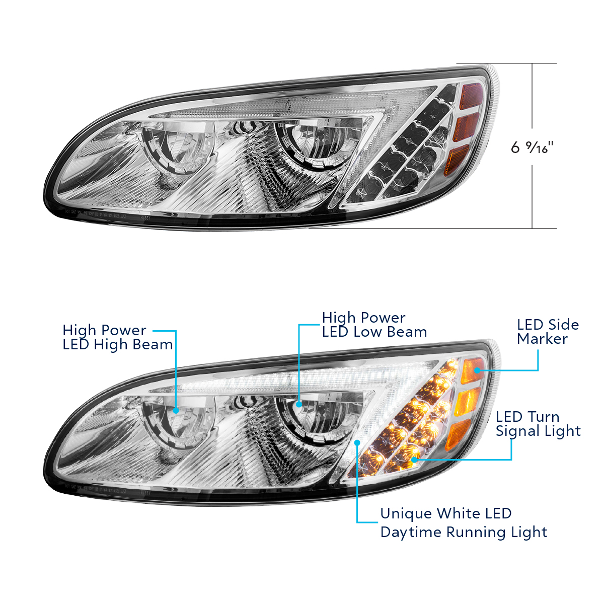 Chrome LED Headlight For Peterbilt 386 (2005-2015) & 387 (1999-2010) - Driver - Thumbnail 6