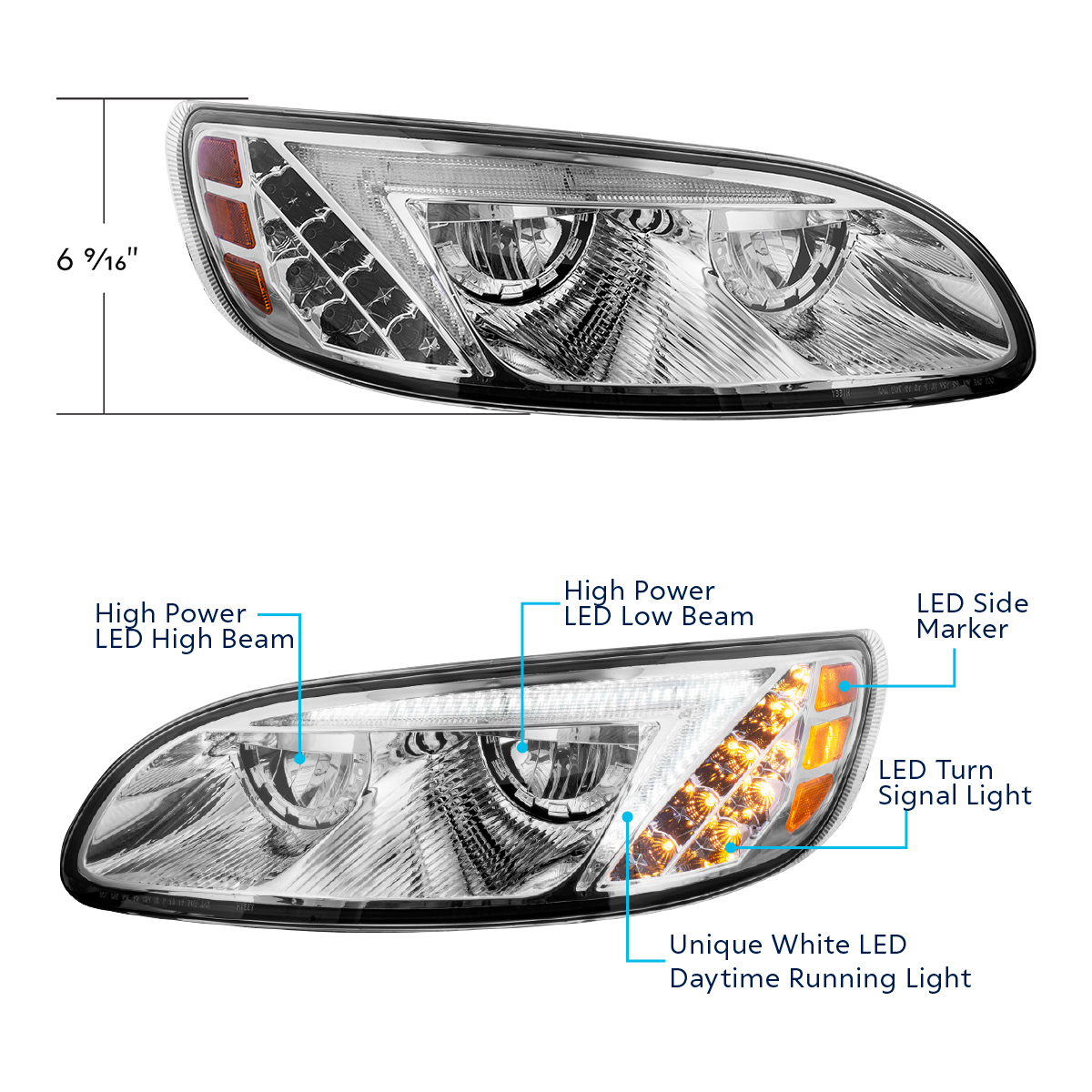 Chrome LED Headlight For Peterbilt 386 (2005-2015) & 387 (1999-2010) - Passenger - Thumbnail 6