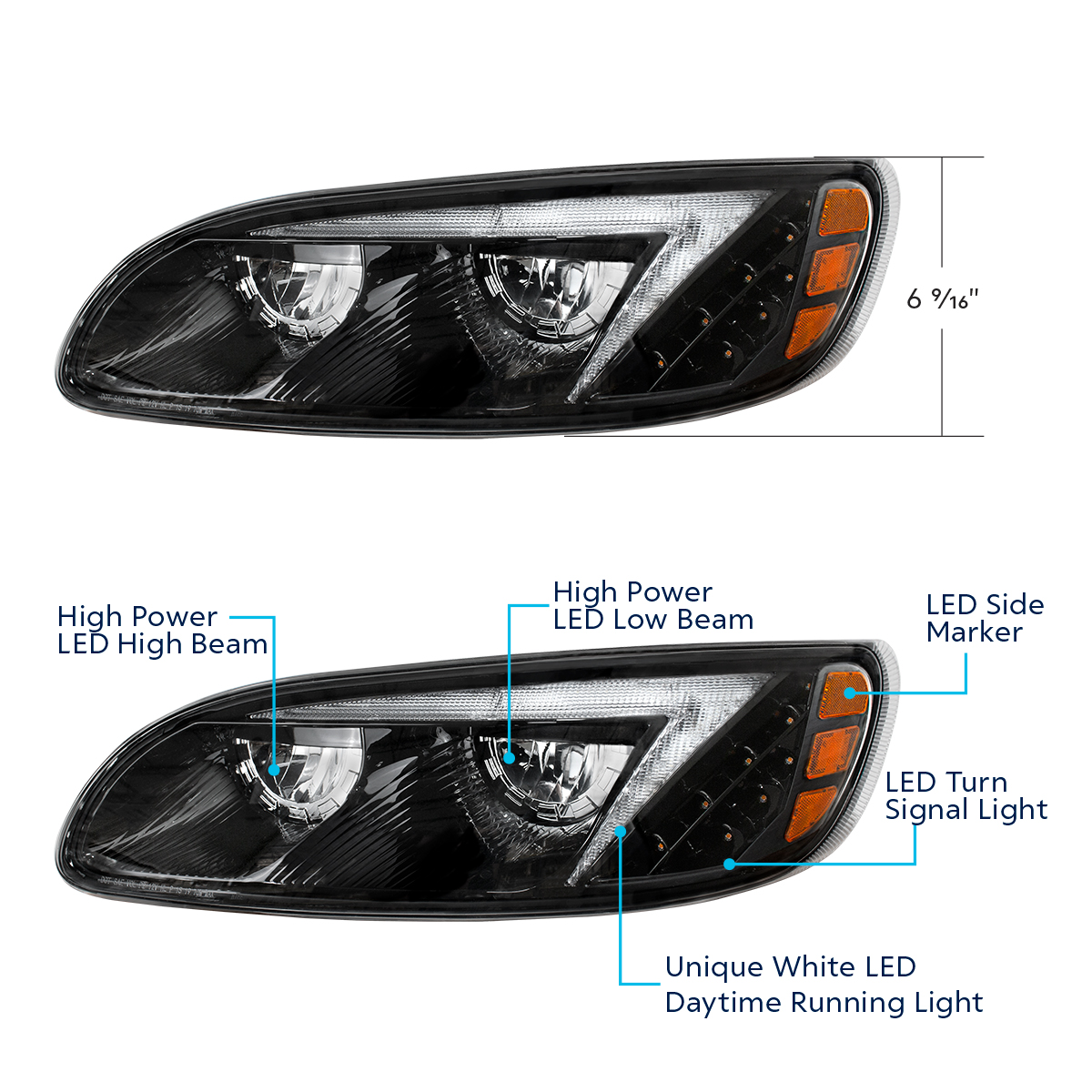 Black LED Headlight For Peterbilt 386 (2005-2015) & 387 (1999-2010) - Passenger - Thumbnail 6