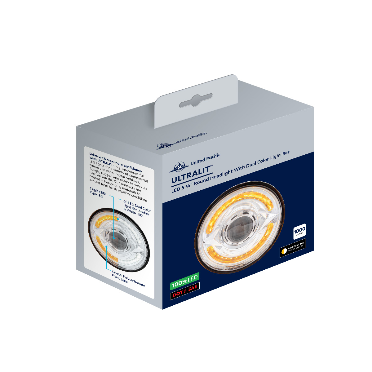 ULTRALIT- LED 5-3/4" Round Headlight With 60 LED Dual Color Light Bar, Amber & White LED - High Beam - Thumbnail 6