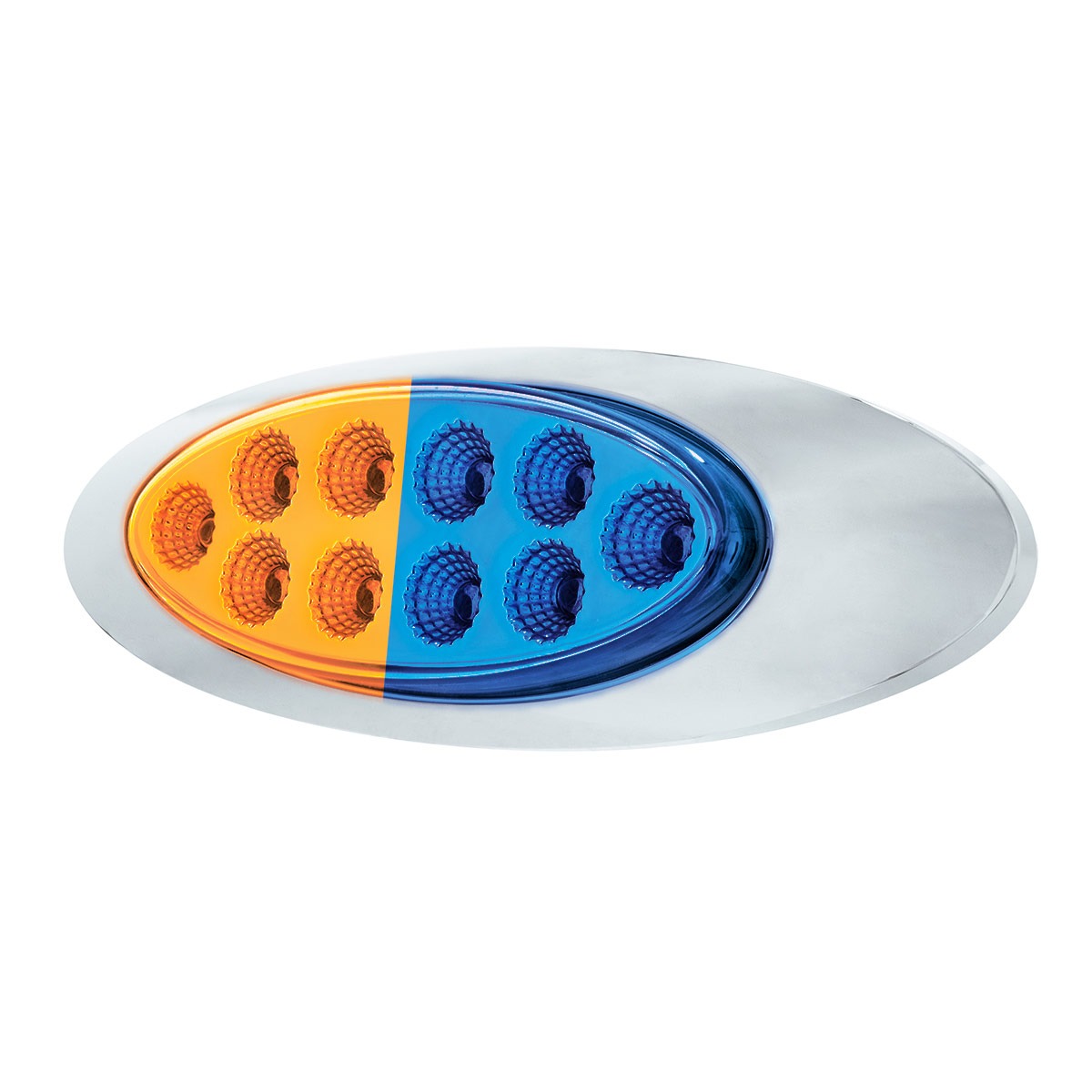 10 LED Oval Double Fury Light With Clear Lens & Chrome Bezel (Clearance/Marker) - Amber & Blue LED/Clear Lens - Thumbnail 5
