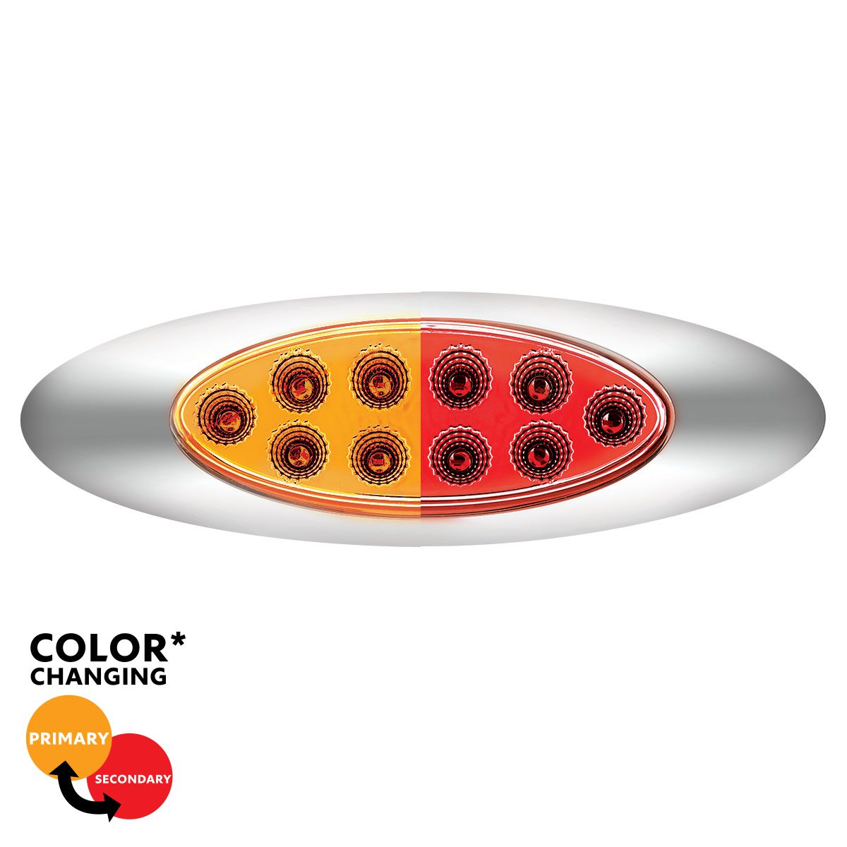 10 LED Oval Double Fury Light With Clear Lens & Chrome Bezel (Clearance/Marker) - Amber & Red LED/Clear Lens