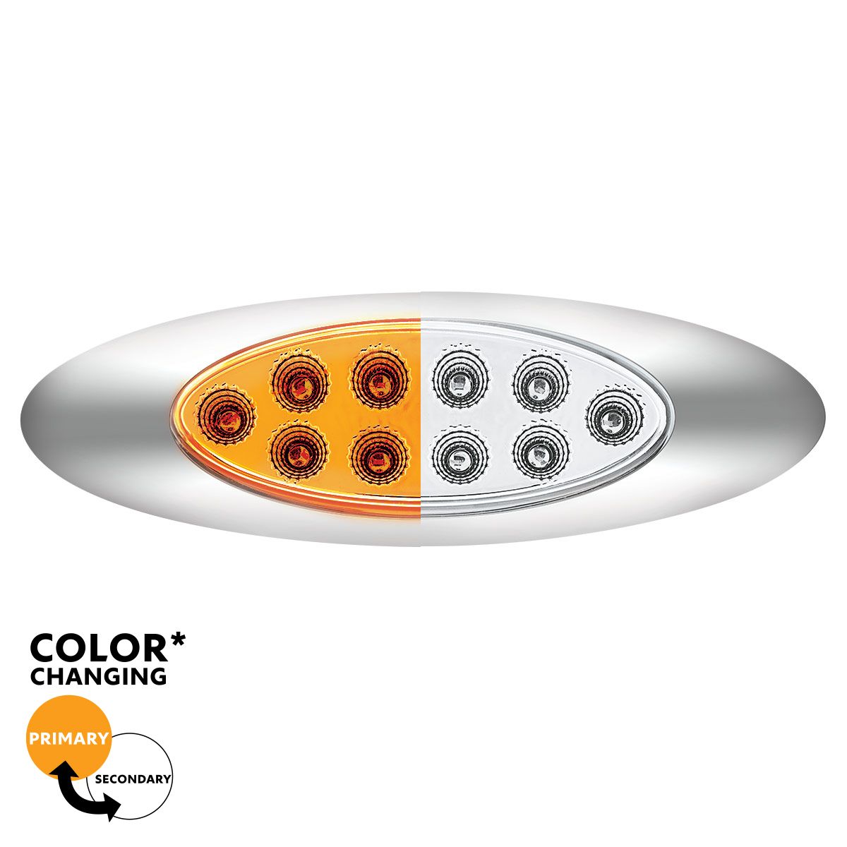 10 LED Oval Double Fury Light With Clear Lens & Chrome Bezel (Clearance/Marker) - Amber & White LED/Clear Lens