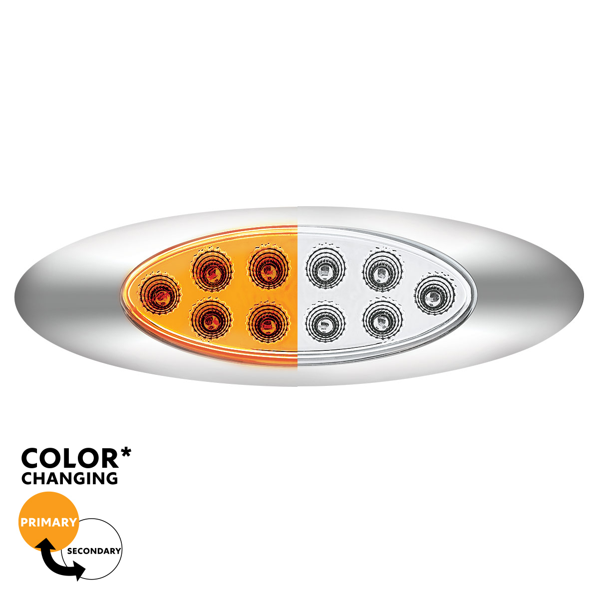 10 LED Oval Double Fury Light With Clear Lens & Chrome Bezel (Clearance/Marker) - Amber & White LED/Clear Lens - Thumbnail 13
