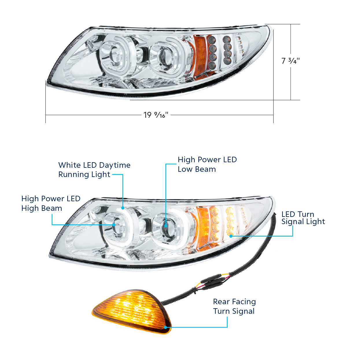 Chrome LED Projector Headlight With Rear Facing Turn Signal For International Durastar 2002-2018 - Passenger - Thumbnail 6