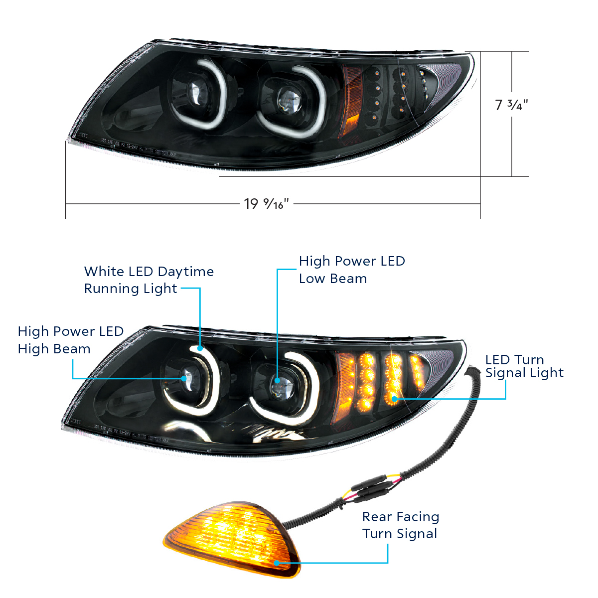 Black LED Projector Headlight With Rear Facing Turn Signal For International Durastar 2002-2018 - Passenger - Thumbnail 7