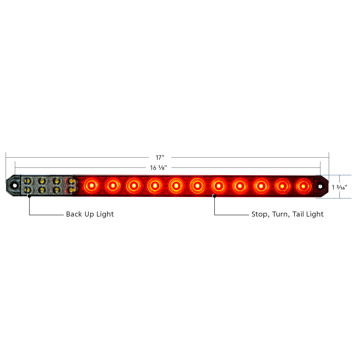 17" 27 LED Low Profile Light Bar (Stop, Turn & Tail) With Back-Up Light - Red & White LED/ Clear Lens - Thumbnail 7