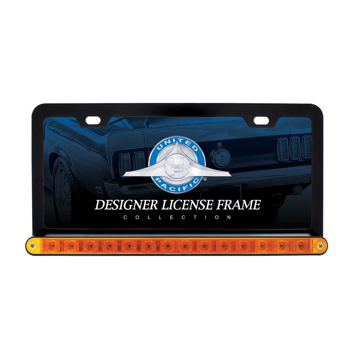 Black License Plate Frame With 14 LED 12" Light Bar - Amber LED/Amber Lens - Thumbnail 2
