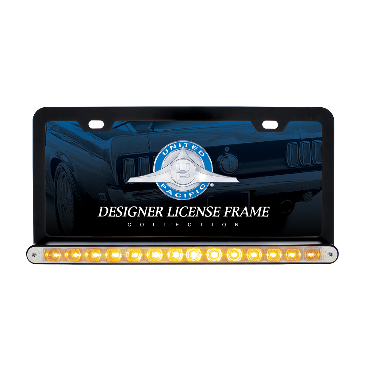 Black License Plate Frame With 14 LED 12" Light Bar - Amber LED/Clear Lens - Thumbnail 3