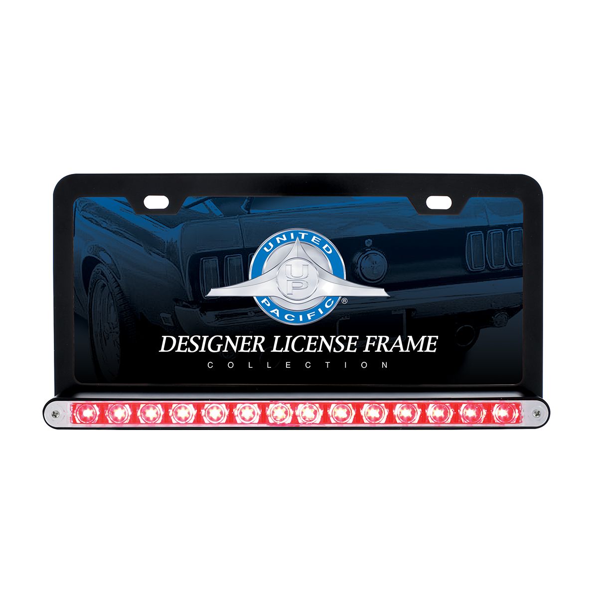 Black License Plate Frame With 14 LED 12" Light Bar - Red LED/Clear Lens