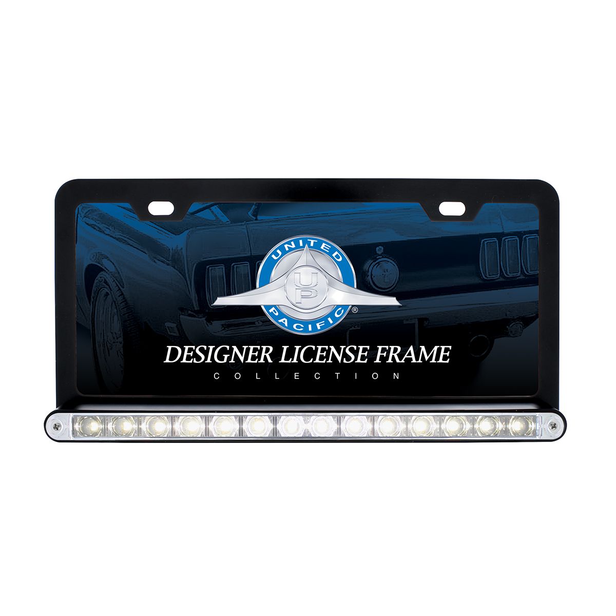 Black License Plate Frame With 14 LED 12" Light Bar - White LED/Clear Lens