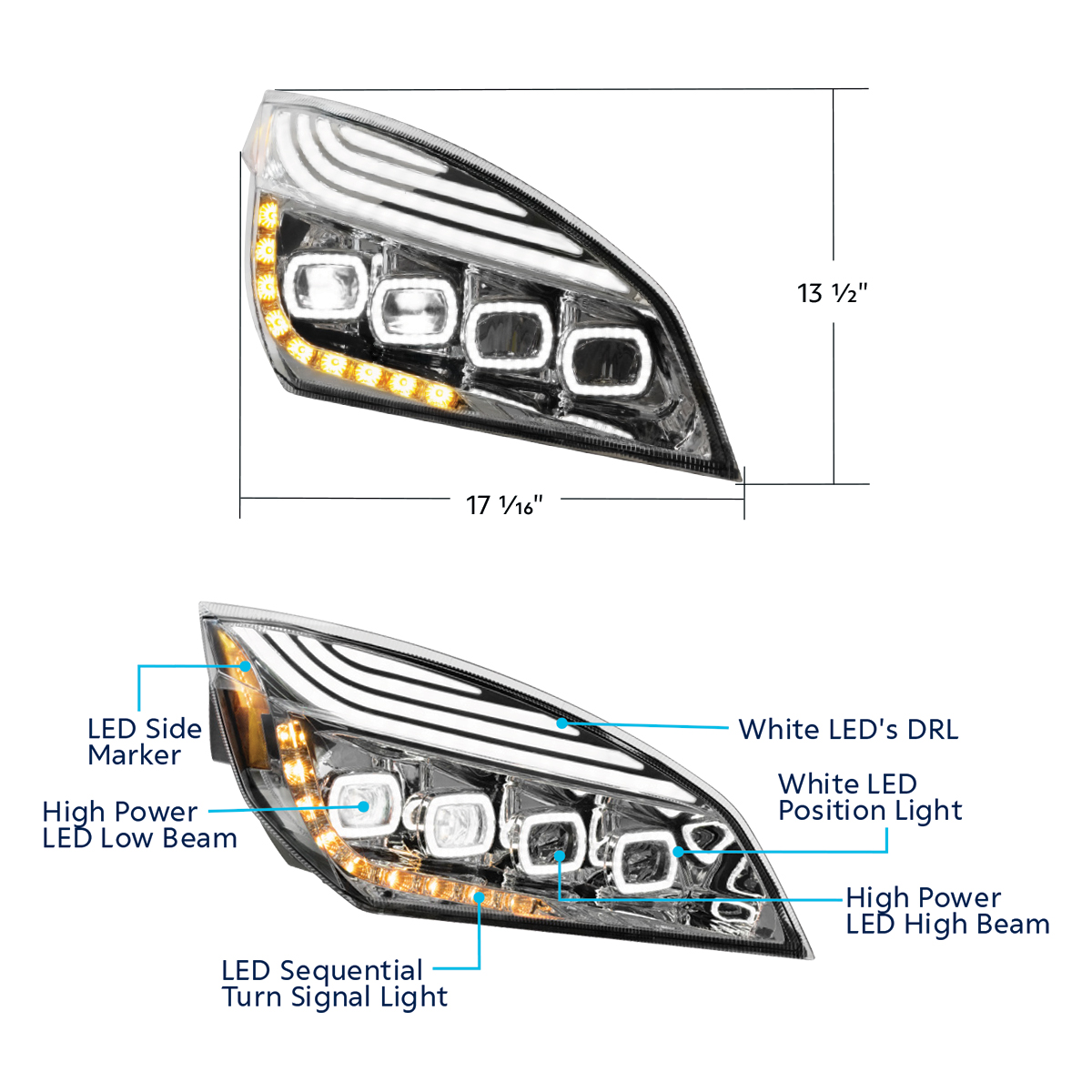 Chrome Quad-LED Headlight With LED DRL & Seq. Signal For 2018-2024 Freightliner Cascadia - Passenger - Thumbnail 8
