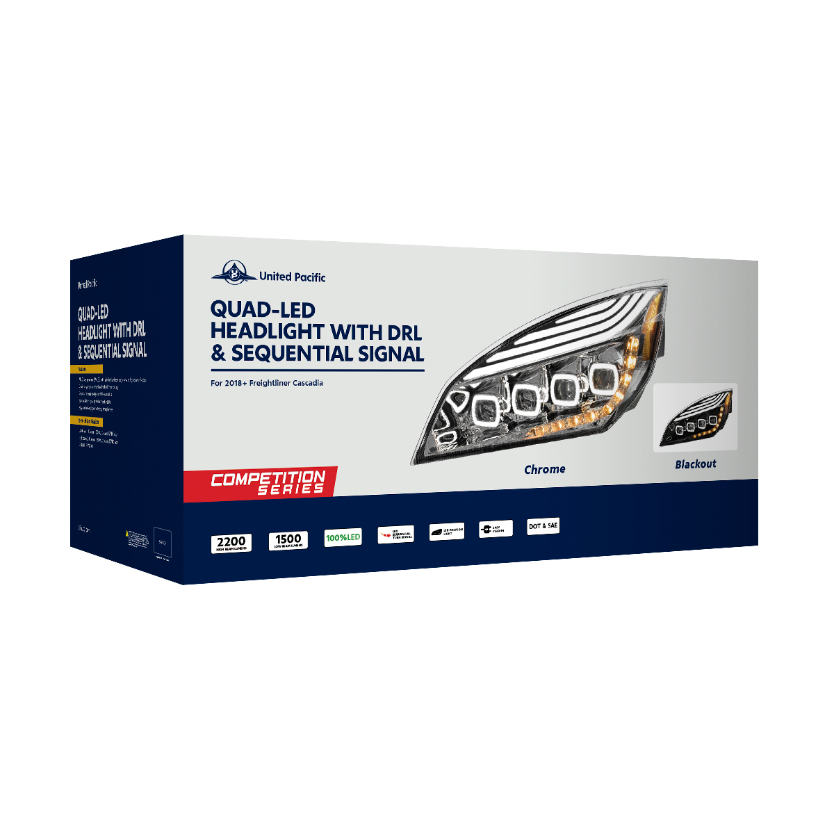 Black Quad-LED Headlight With LED DRL & Seq. Signal For 2018-2024 Freightliner Cascadia - Passenger - Thumbnail 6