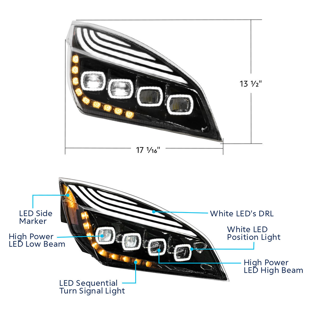 Black Quad-LED Headlight With LED DRL & Seq. Signal For 2018-2024 Freightliner Cascadia - Passenger - Thumbnail 7