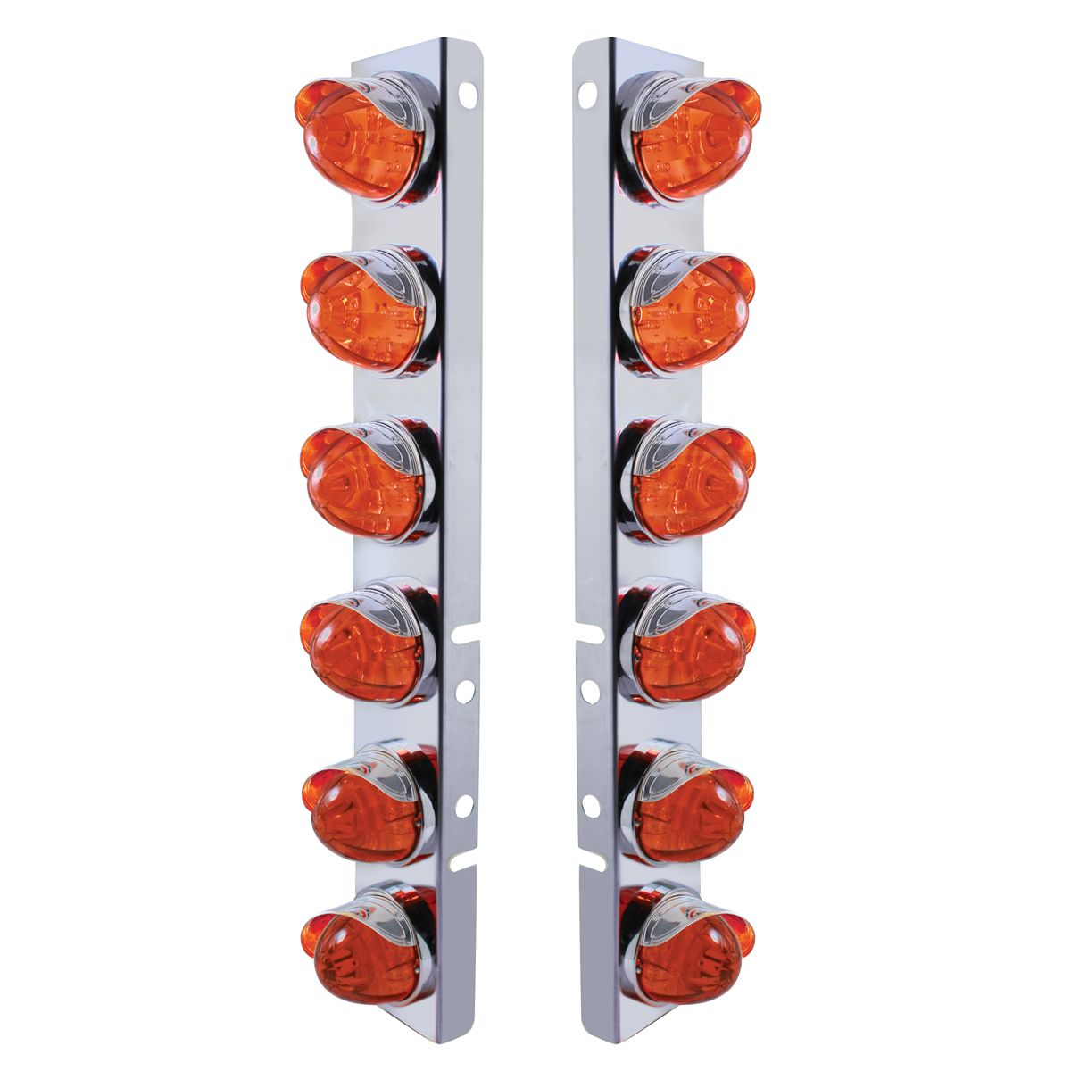 SS Front Air Cleaner Bracket With 12X LED Watermelon Lights & SS Visors For Peterbilt-Amber LED/Dark Amber Lens
