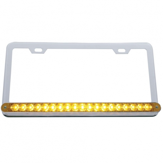 Chrome License Plate Frame With 19 LED 12" Reflector Light Bar - Amber LED/Amber Lens