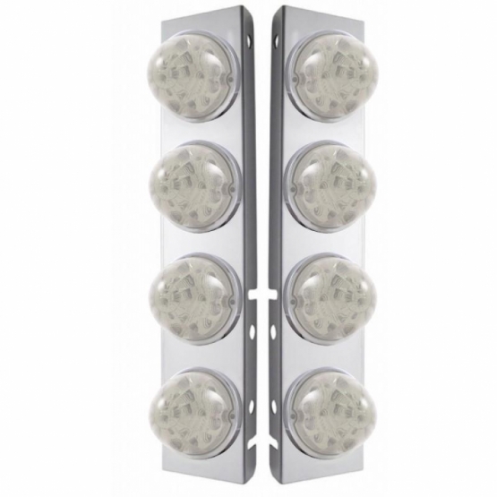 SS Front Air Cleaner Bracket W/8X 17 Amber LED Refl. Watermelon Lights & SS Bezels For Peterbilt-Clear Lens (Pair)