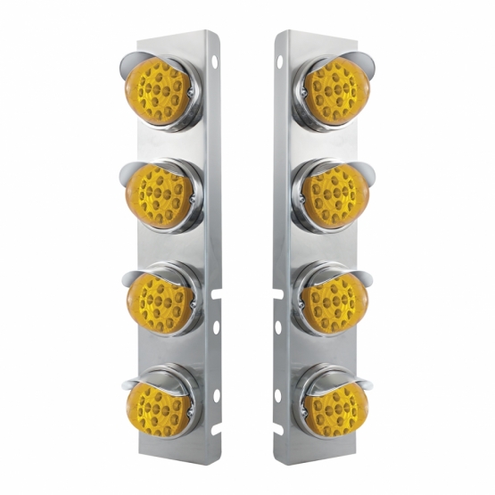 SS Front Air Cleaner Bracket With 8X 17 Amber LED Reflector Lights & SS Visors For Peterbilt-Amber Lens