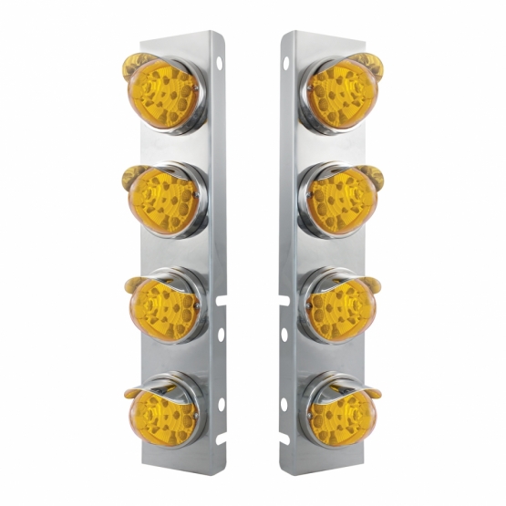 SS Front Air Cleaner Bracket With 8X 17 Amber LED Reflector Watermelon Lights & SS Visors For Peterbilt-Amber Lens