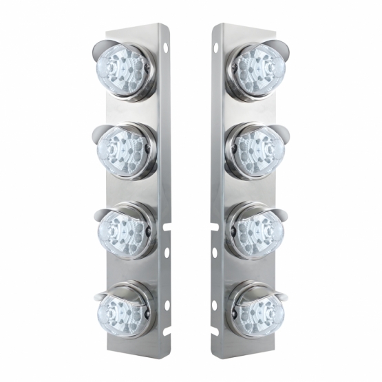 SS Front Air Cleaner Bracket With 8X 17 Amber LED Reflector Watermelon Lights & SS Visors For Peterbilt-Clear Lens