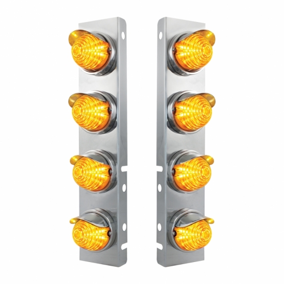 SS Front Air Cleaner Bracket With 8X 17 Amber LED Beehive Lights & SS Visors For Peterbilt -Amber Lens