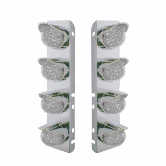 SS Front Air Cleaner Bracket With 8X 17 Amber LED Watermelon Lights & SS Visors For Peterbilt-Clear Lens